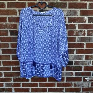 Violet + Claire Blue White Paisley Print Tassel V Neck Tunic Top‎ Plus Size 1X